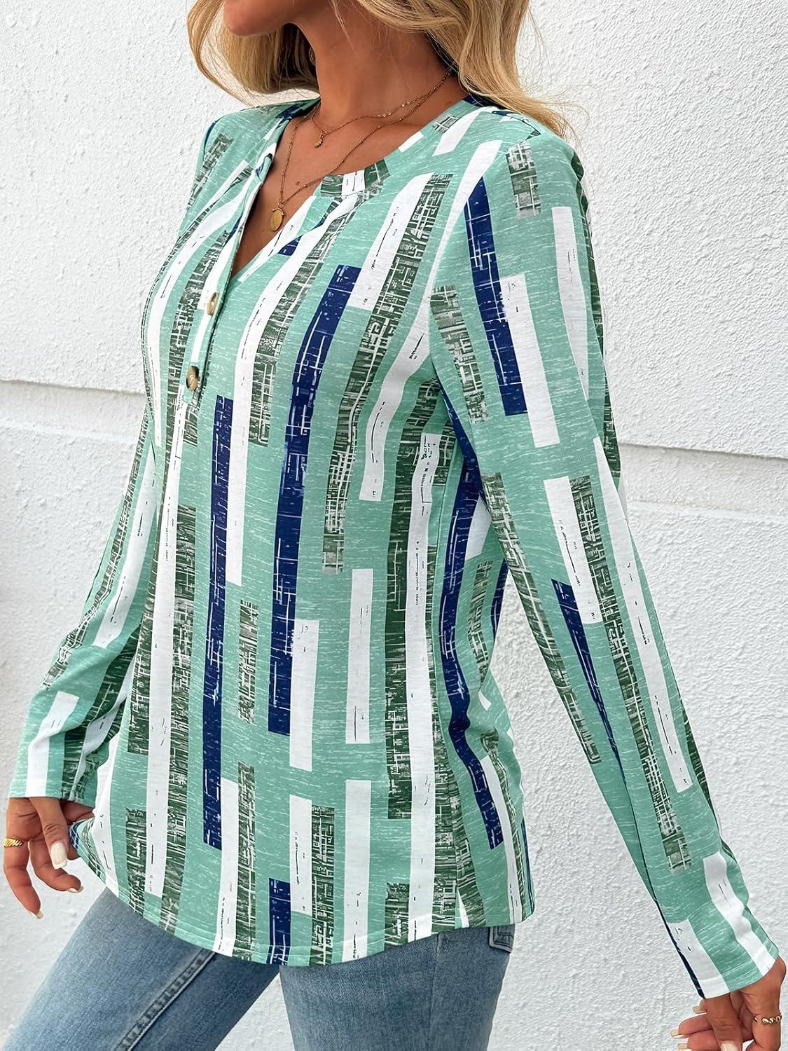 imageAUTOMET Womens Long Sleeve Shirts 2025 Fall Fashion Dressy Casual Tops Trendy Henley Blouses Cute Work Outfits ClothesStriped Teal
