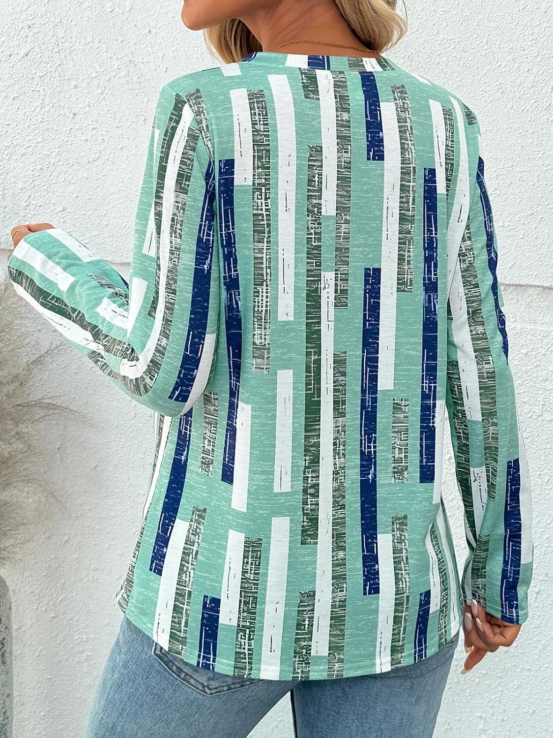 imageAUTOMET Womens Long Sleeve Shirts 2025 Fall Fashion Dressy Casual Tops Trendy Henley Blouses Cute Work Outfits ClothesStriped Teal
