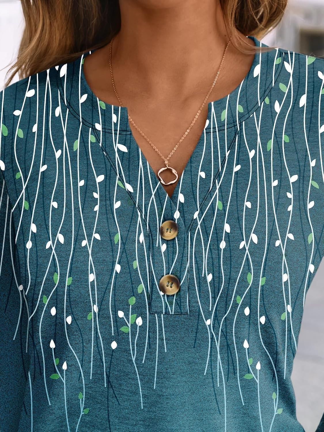 imageAUTOMET Womens Long Sleeve Shirts 2025 Fall Fashion Dressy Casual Tops Trendy Henley Blouses Cute Work Outfits ClothesTeal Leaf