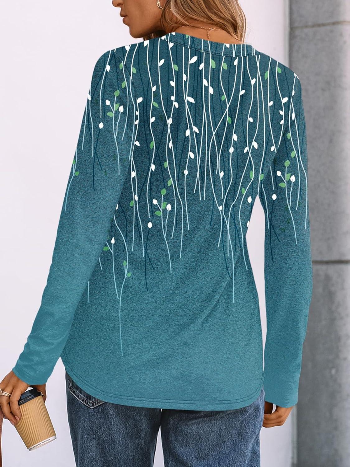 imageAUTOMET Womens Long Sleeve Shirts 2025 Fall Fashion Dressy Casual Tops Trendy Henley Blouses Cute Work Outfits ClothesTeal Leaf