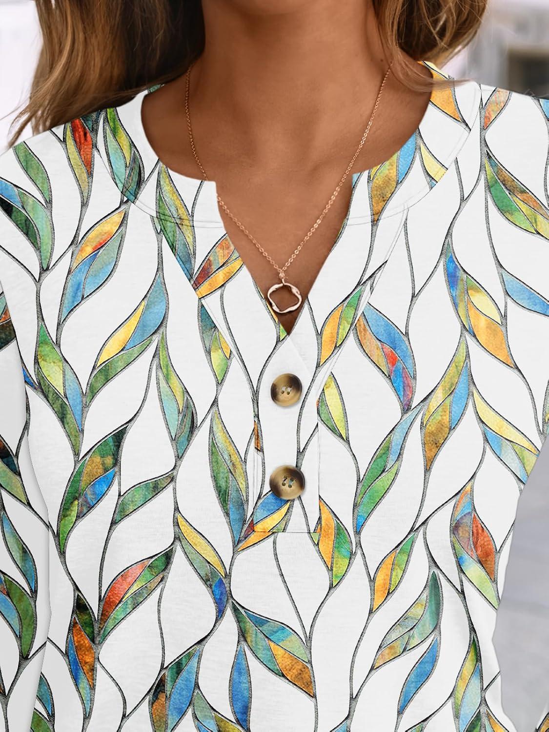 imageAUTOMET Womens Long Sleeve Shirts 2025 Fall Fashion Dressy Casual Tops Trendy Henley Blouses Cute Work Outfits ClothesWatercolor Leaf