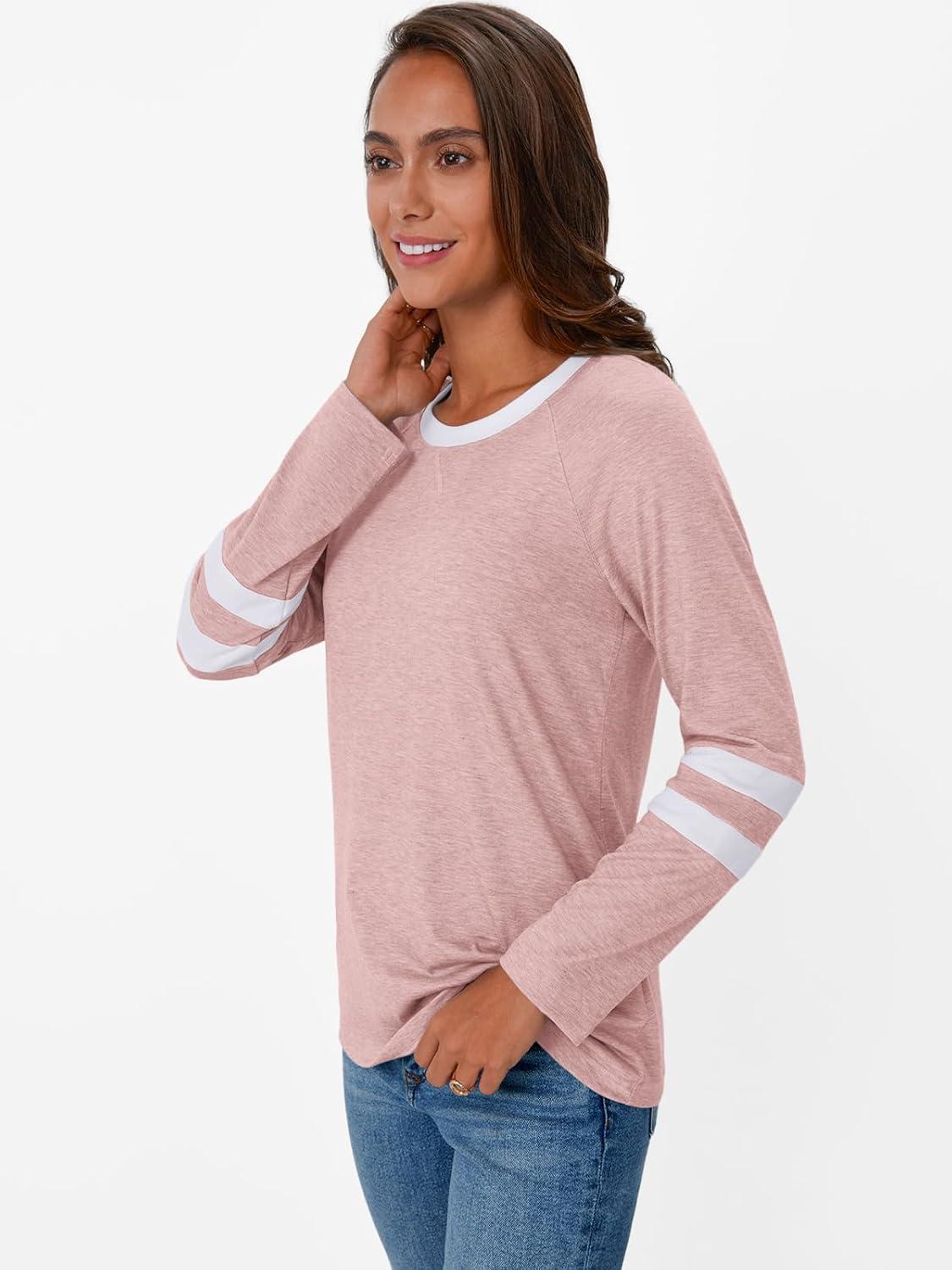 imageAUTOMET Womens Long Sleeve Shirts Color Block Casual Crewneck Tops Tshirt Basic Tee Fall Fashion Winter Clothing OutfitsPink