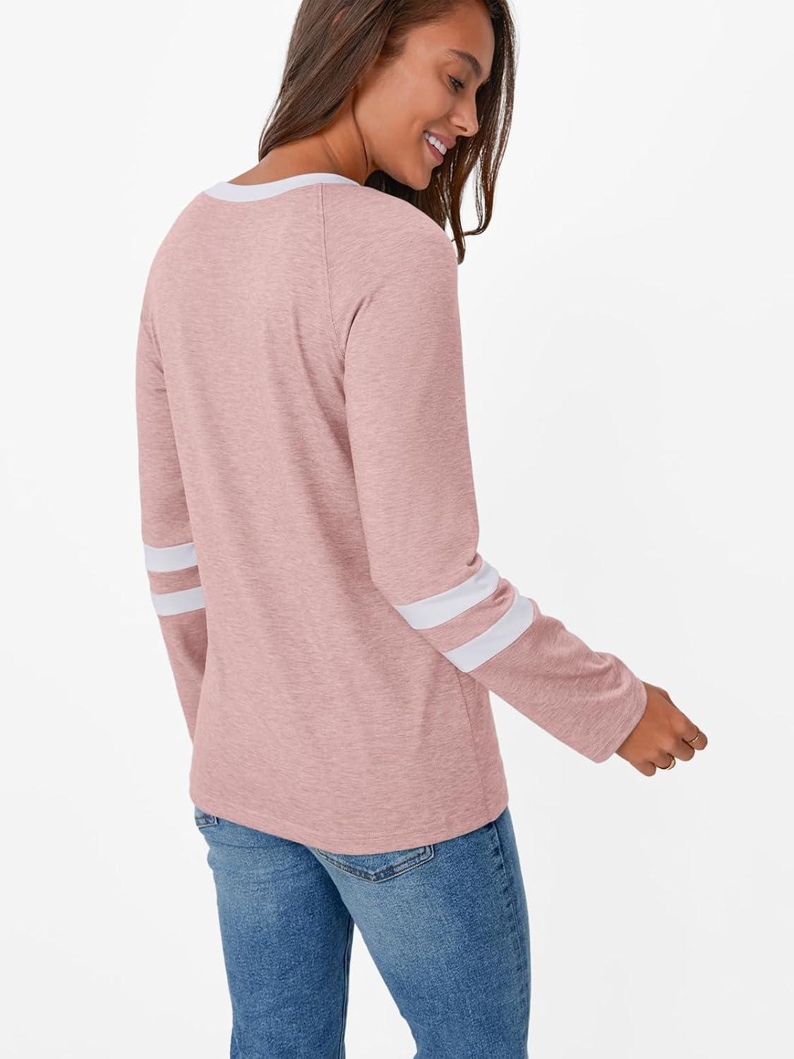 imageAUTOMET Womens Long Sleeve Shirts Color Block Casual Crewneck Tops Tshirt Basic Tee Fall Fashion Winter Clothing OutfitsPink