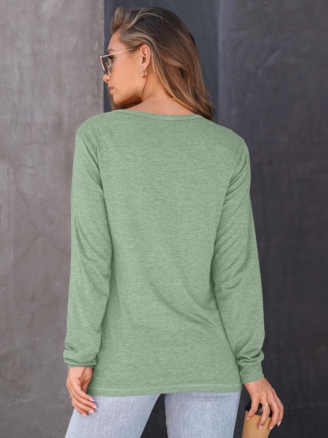 imageAUTOMET Womens Long Sleeve Shirts Fall Solid Color Loose Fit Tunics Tops Oversized Basic Tees Business Casual OutfitsBean Green