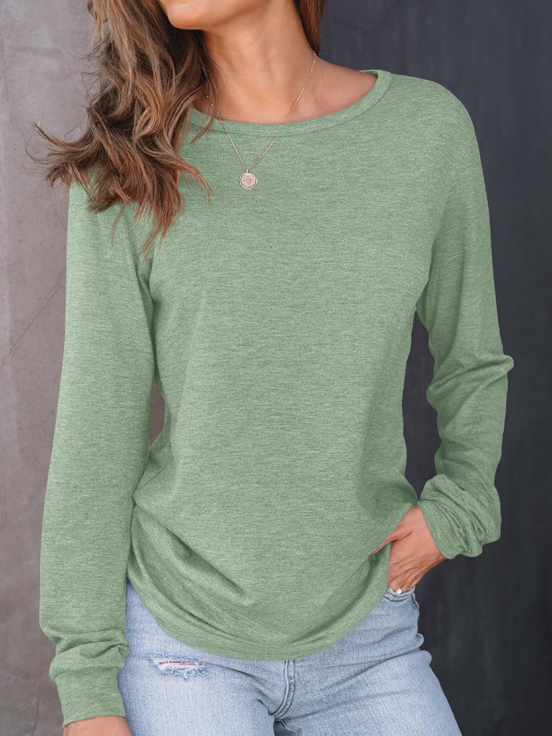 imageAUTOMET Womens Long Sleeve Shirts Fall Solid Color Loose Fit Tunics Tops Oversized Basic Tees Business Casual OutfitsBean Green