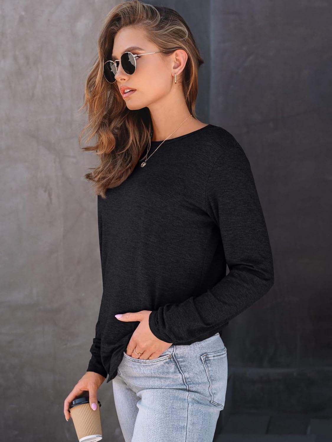 imageAUTOMET Womens Long Sleeve Shirts Fall Solid Color Loose Fit Tunics Tops Oversized Basic Tees Business Casual OutfitsBlack