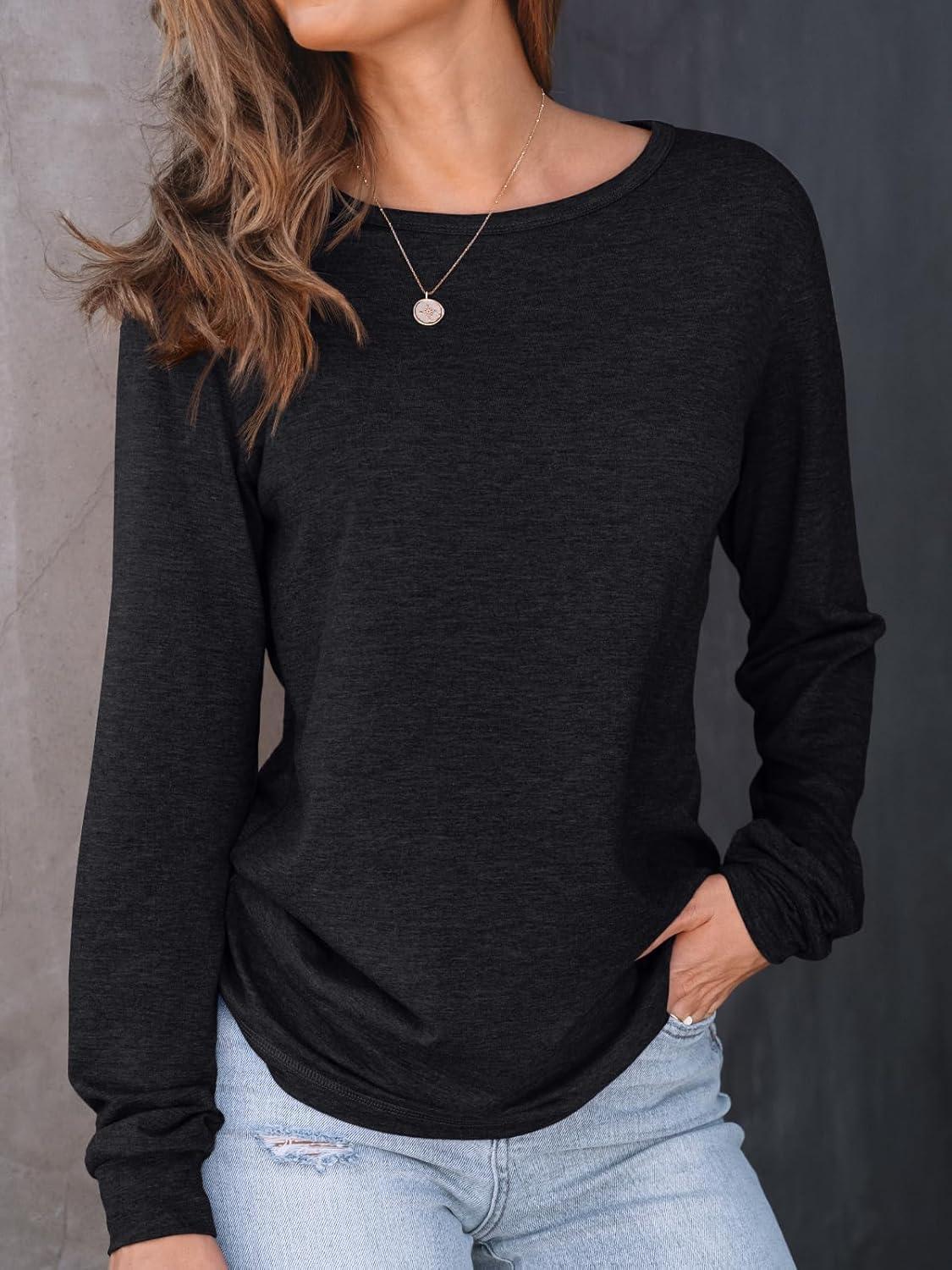 imageAUTOMET Womens Long Sleeve Shirts Fall Solid Color Loose Fit Tunics Tops Oversized Basic Tees Business Casual OutfitsBlack