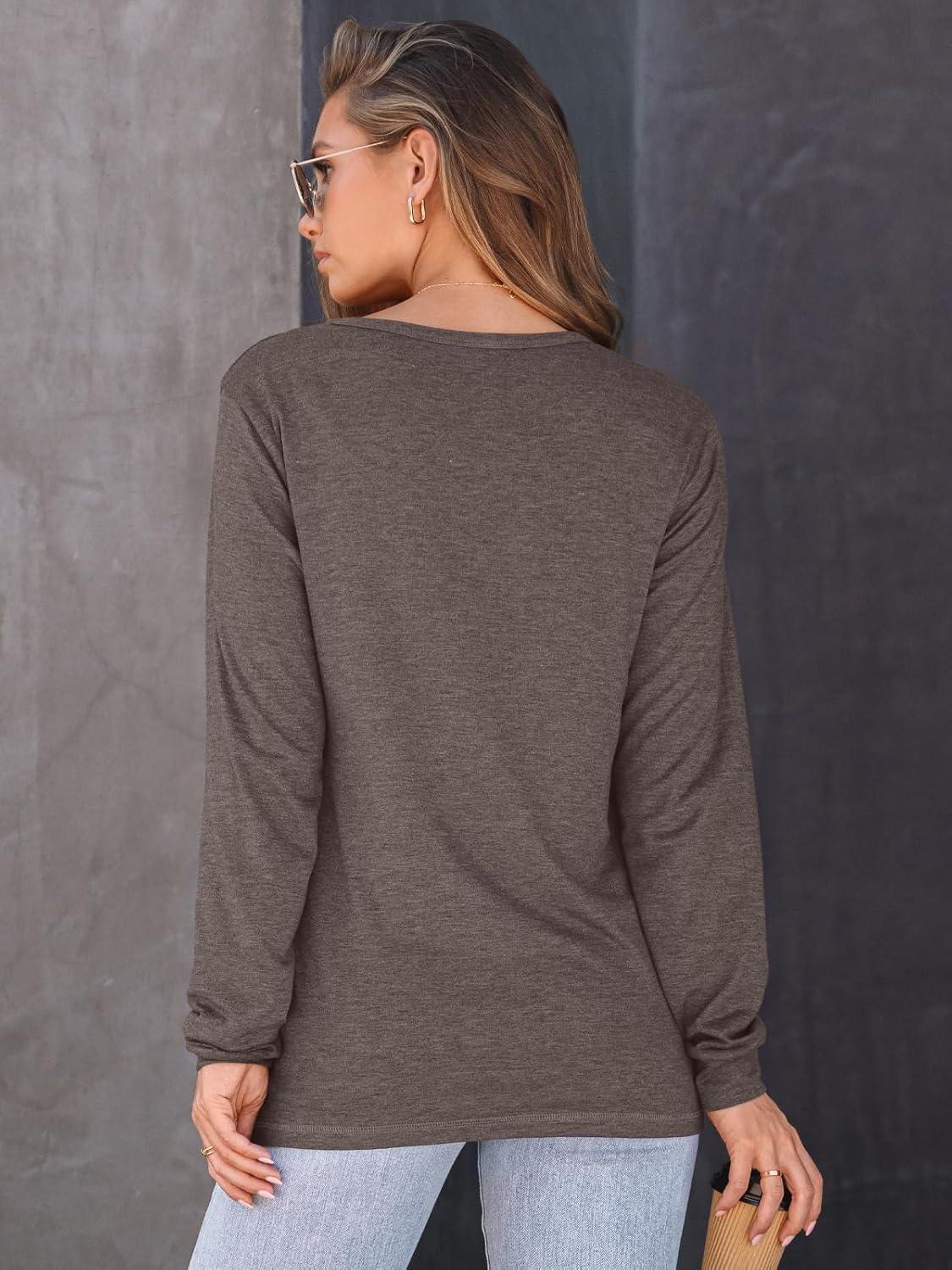 imageAUTOMET Womens Long Sleeve Shirts Fall Solid Color Loose Fit Tunics Tops Oversized Basic Tees Business Casual OutfitsCoffee Gray