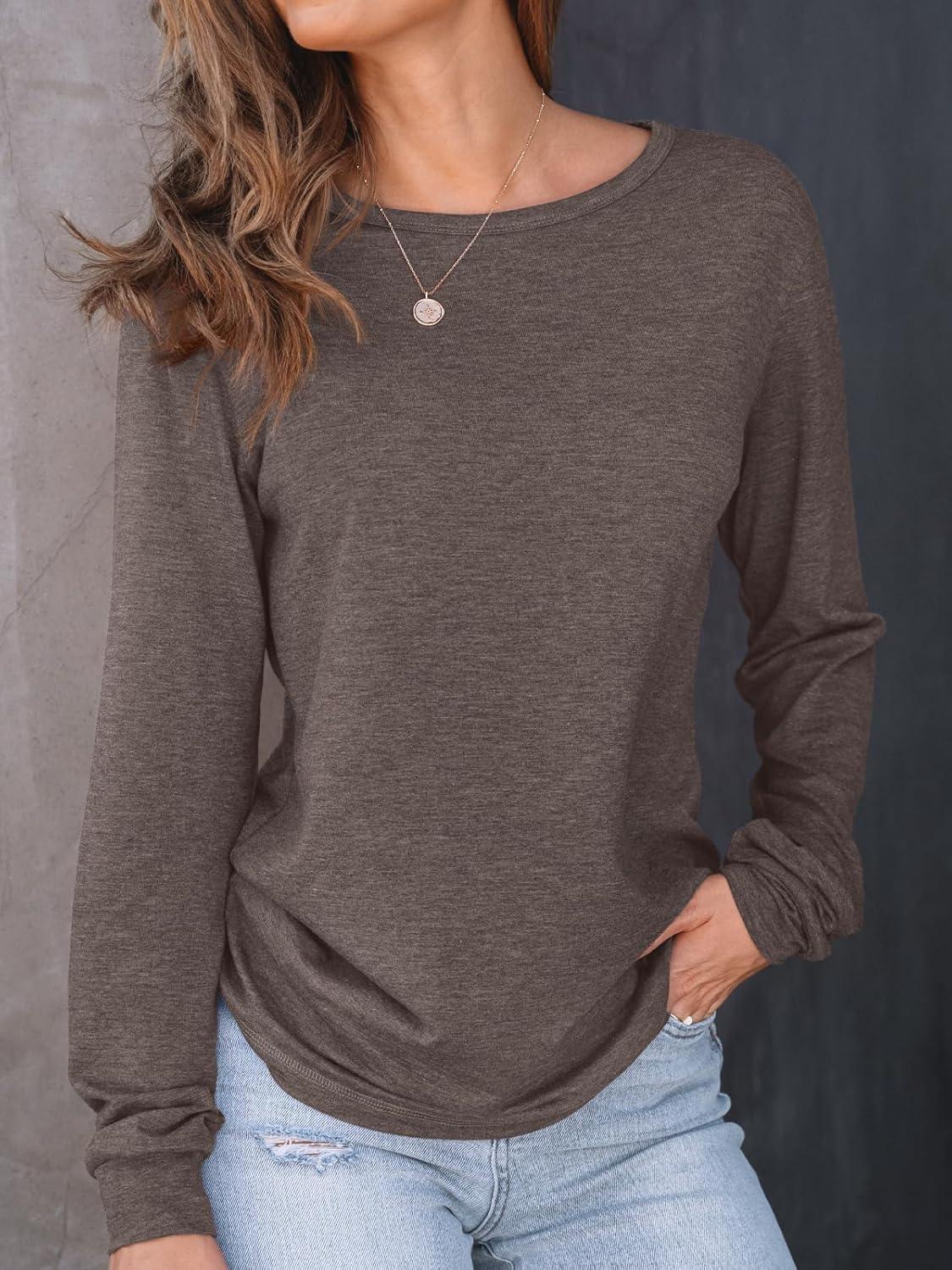 imageAUTOMET Womens Long Sleeve Shirts Fall Solid Color Loose Fit Tunics Tops Oversized Basic Tees Business Casual OutfitsCoffee Gray