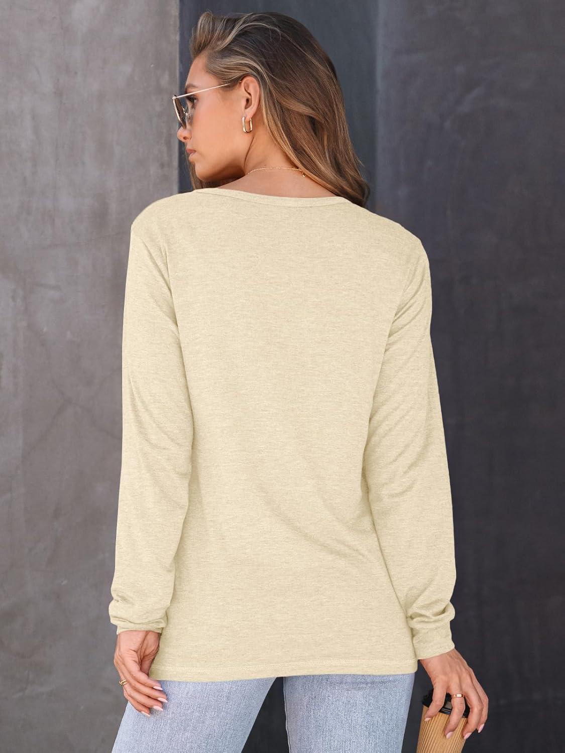 imageAUTOMET Womens Long Sleeve Shirts Fall Solid Color Loose Fit Tunics Tops Oversized Basic Tees Business Casual OutfitsCream