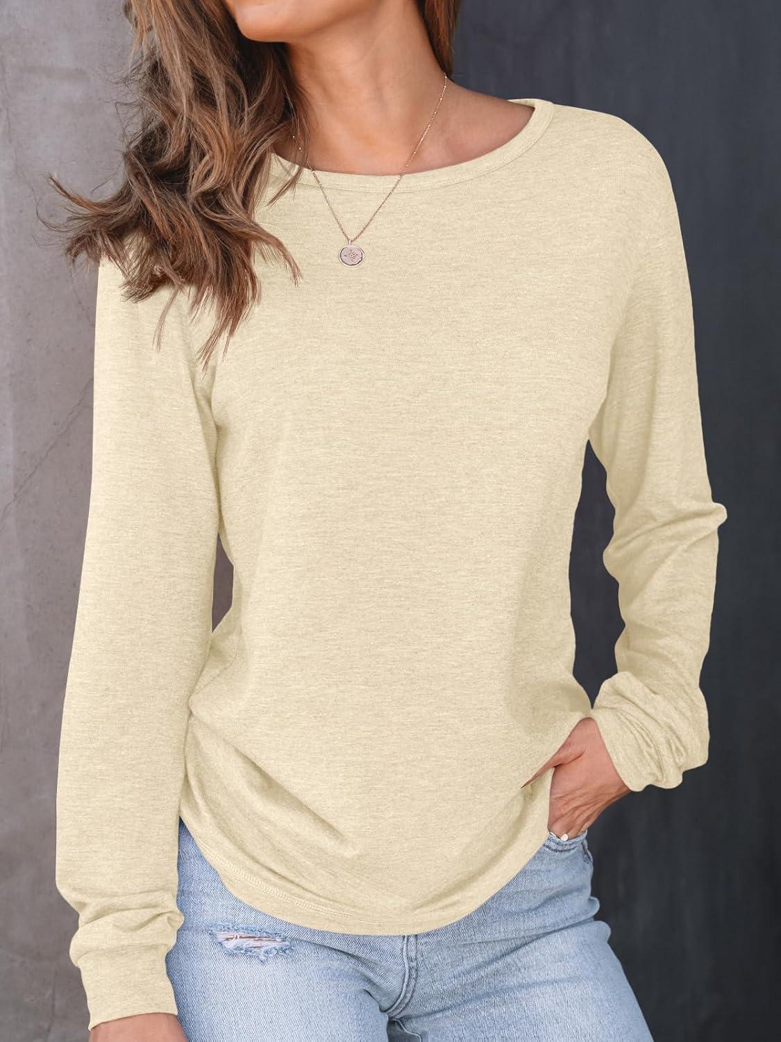 imageAUTOMET Womens Long Sleeve Shirts Fall Solid Color Loose Fit Tunics Tops Oversized Basic Tees Business Casual OutfitsCream