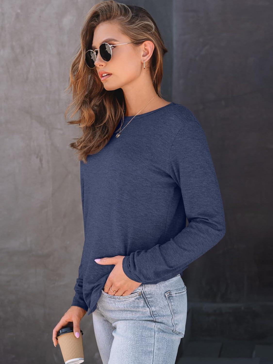 imageAUTOMET Womens Long Sleeve Shirts Fall Solid Color Loose Fit Tunics Tops Oversized Basic Tees Business Casual OutfitsDark Blue