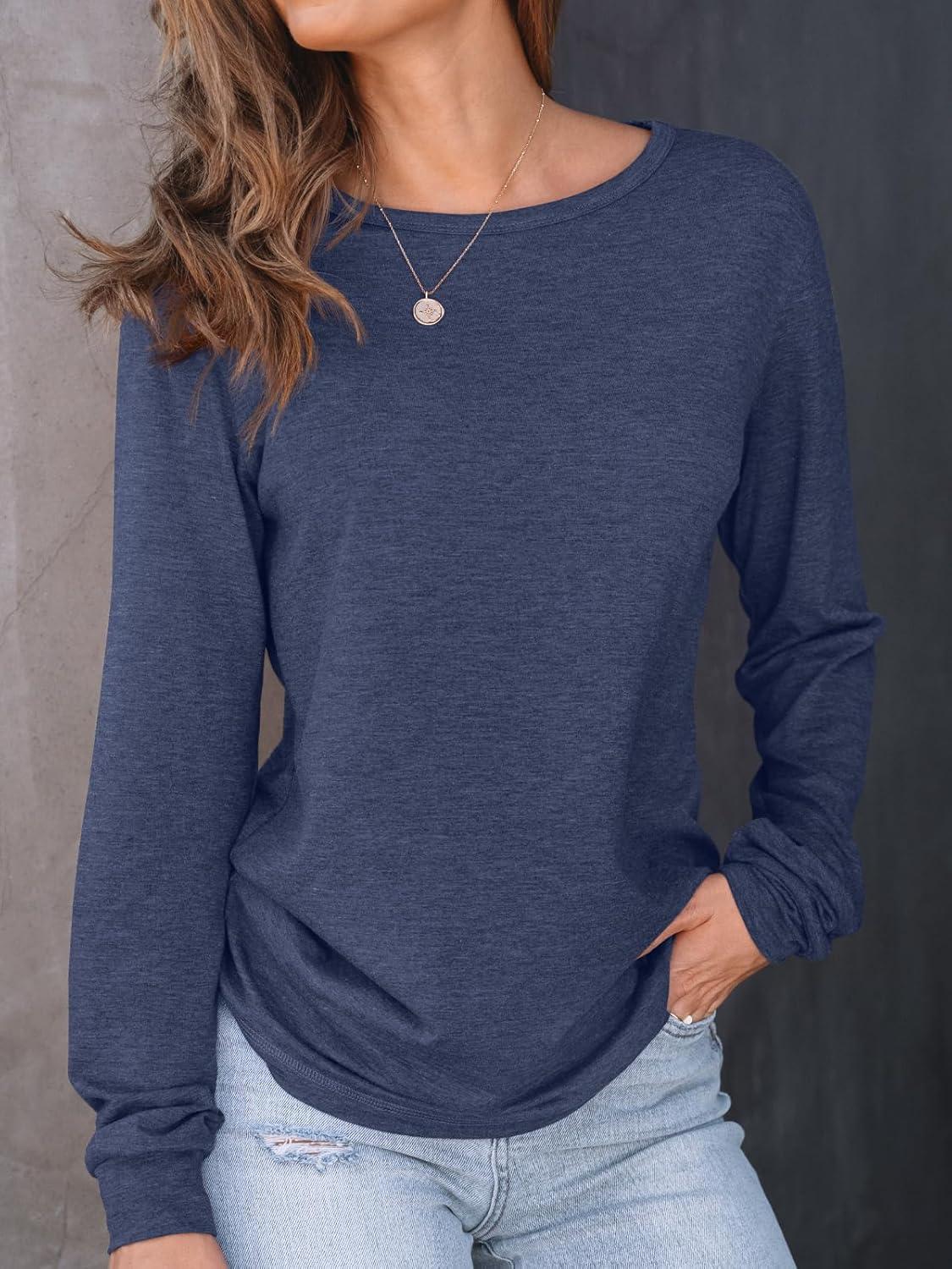 imageAUTOMET Womens Long Sleeve Shirts Fall Solid Color Loose Fit Tunics Tops Oversized Basic Tees Business Casual OutfitsDark Blue