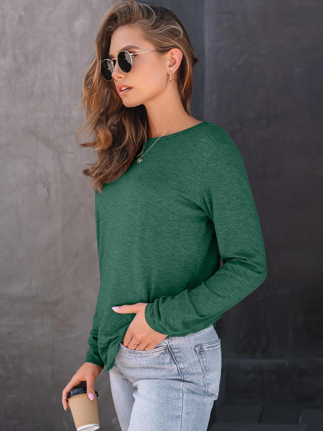 imageAUTOMET Womens Long Sleeve Shirts Fall Solid Color Loose Fit Tunics Tops Oversized Basic Tees Business Casual OutfitsDark Green