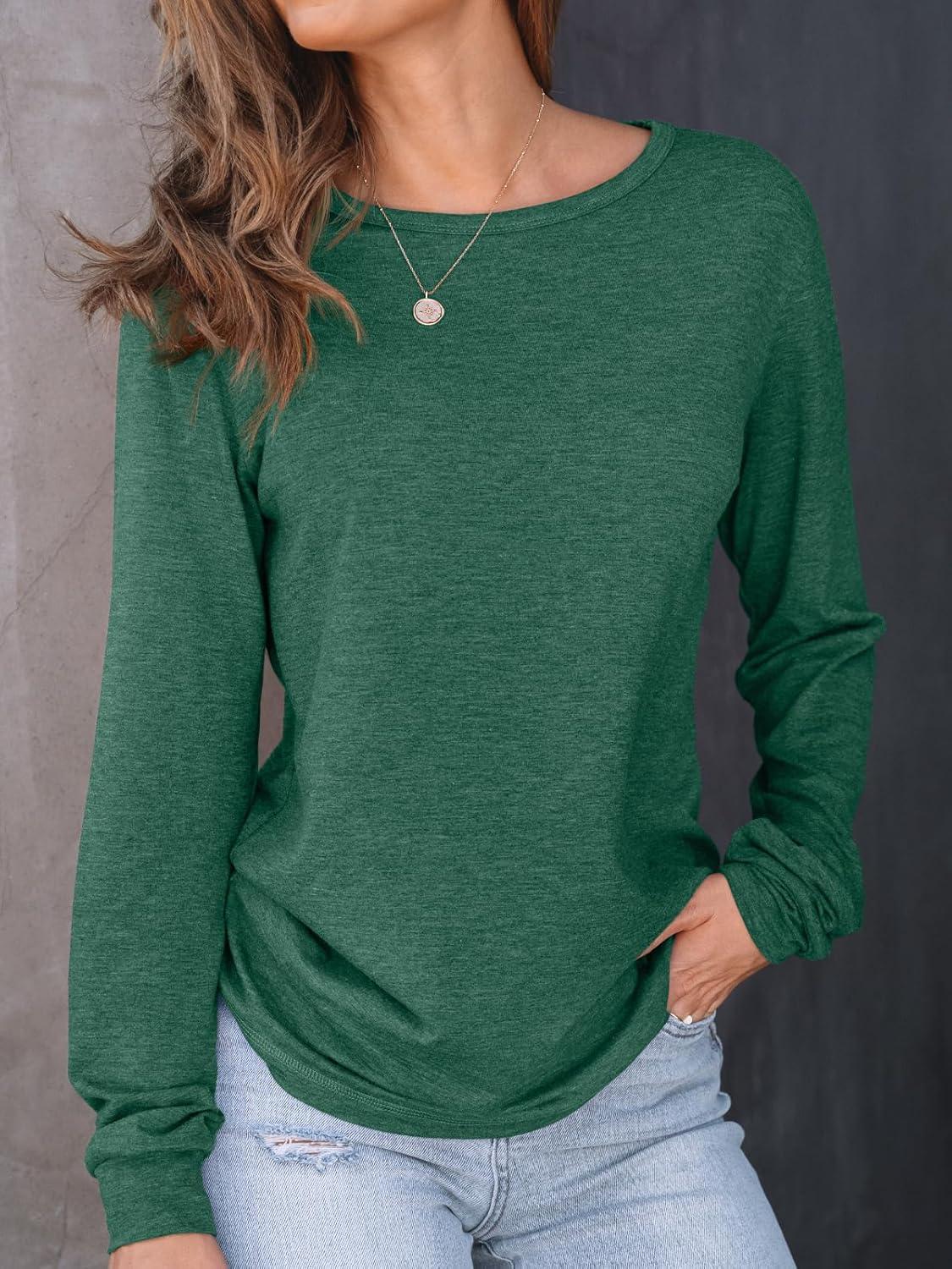 imageAUTOMET Womens Long Sleeve Shirts Fall Solid Color Loose Fit Tunics Tops Oversized Basic Tees Business Casual OutfitsDark Green