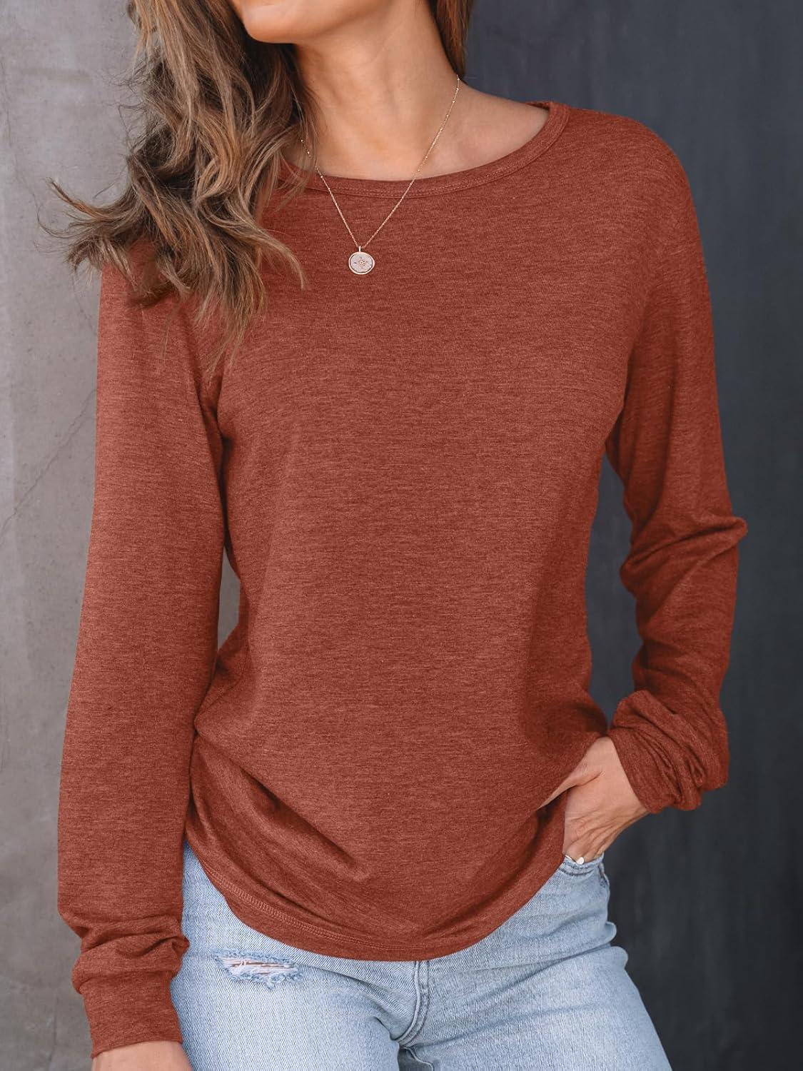 imageAUTOMET Womens Long Sleeve Shirts Fall Solid Color Loose Fit Tunics Tops Oversized Basic Tees Business Casual OutfitsRust