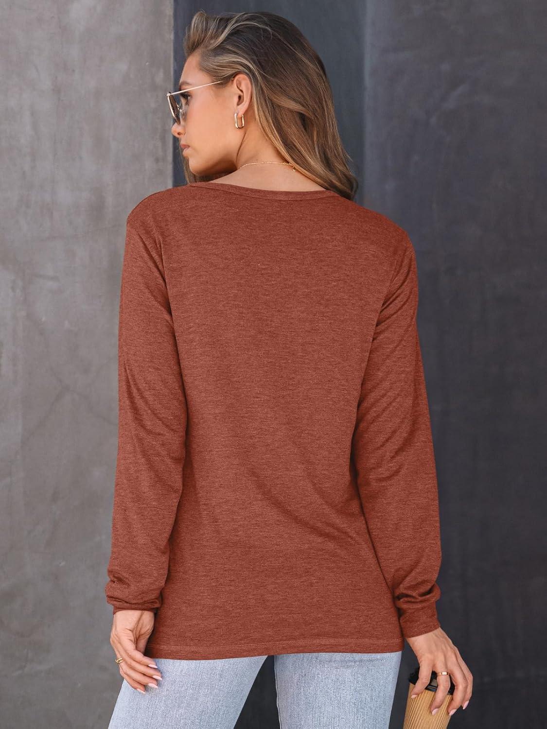 imageAUTOMET Womens Long Sleeve Shirts Fall Solid Color Loose Fit Tunics Tops Oversized Basic Tees Business Casual OutfitsRust