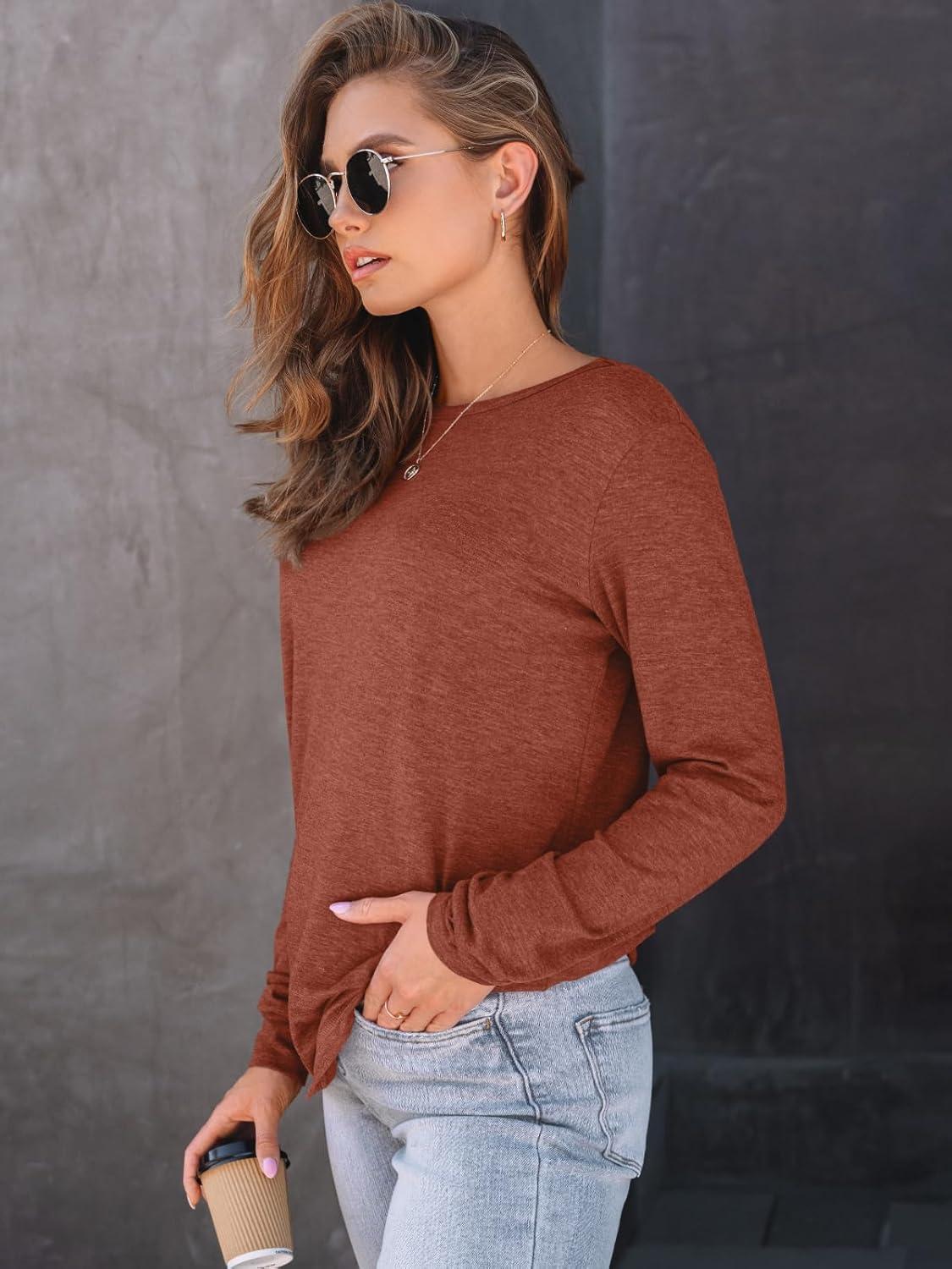 imageAUTOMET Womens Long Sleeve Shirts Fall Solid Color Loose Fit Tunics Tops Oversized Basic Tees Business Casual OutfitsRust