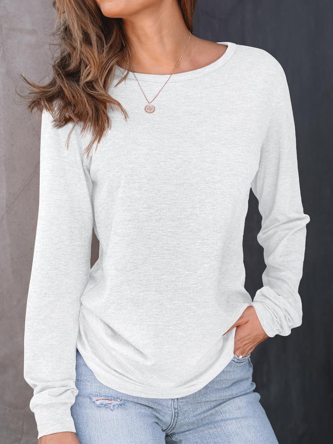 imageAUTOMET Womens Long Sleeve Shirts Fall Solid Color Loose Fit Tunics Tops Oversized Basic Tees Business Casual OutfitsWhite