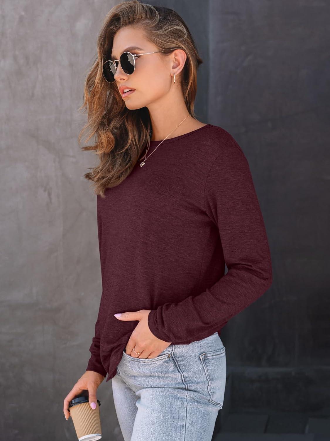 imageAUTOMET Womens Long Sleeve Shirts Fall Solid Color Loose Fit Tunics Tops Oversized Basic Tees Business Casual OutfitsWine Red