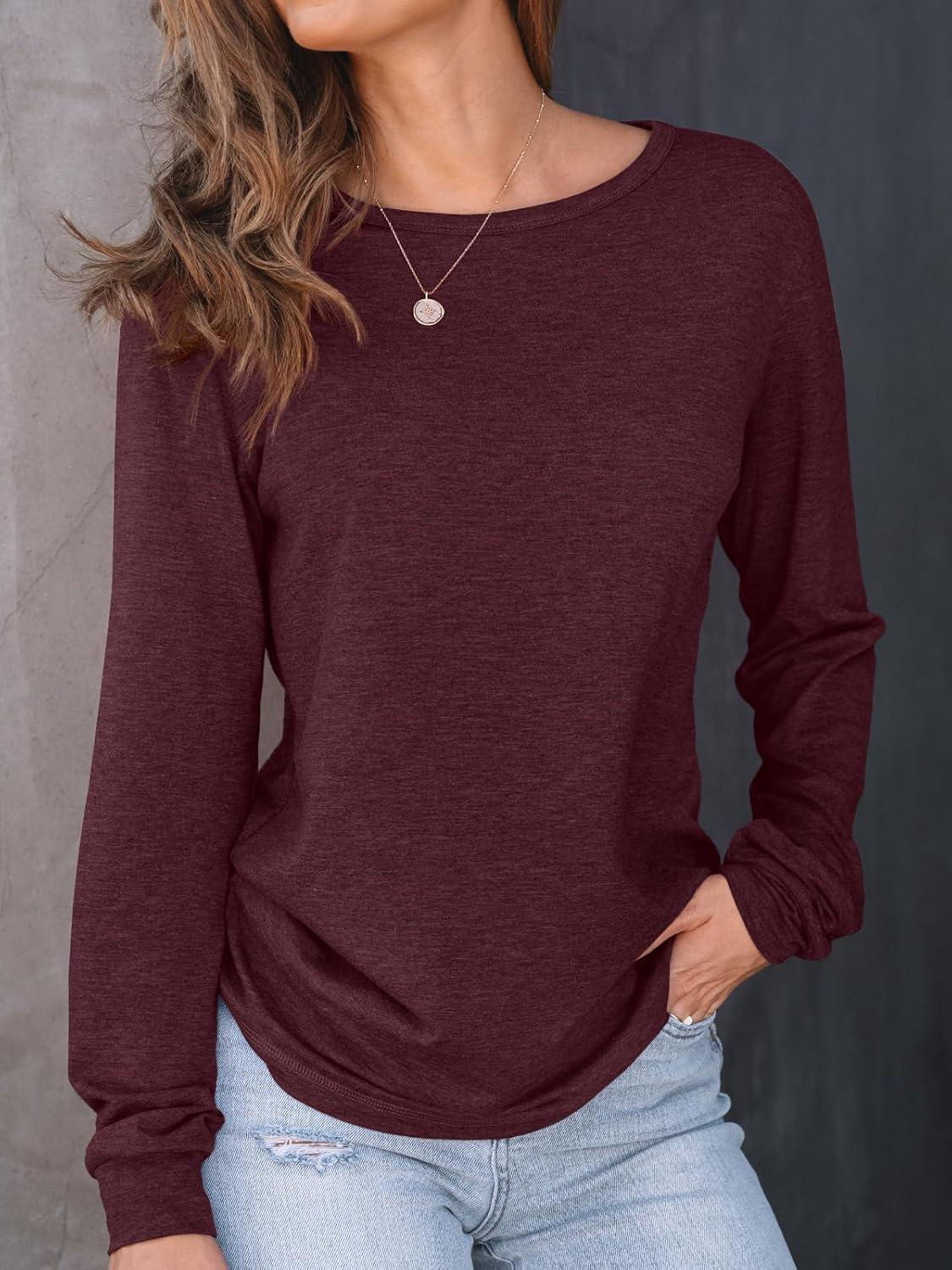imageAUTOMET Womens Long Sleeve Shirts Fall Solid Color Loose Fit Tunics Tops Oversized Basic Tees Business Casual OutfitsWine Red