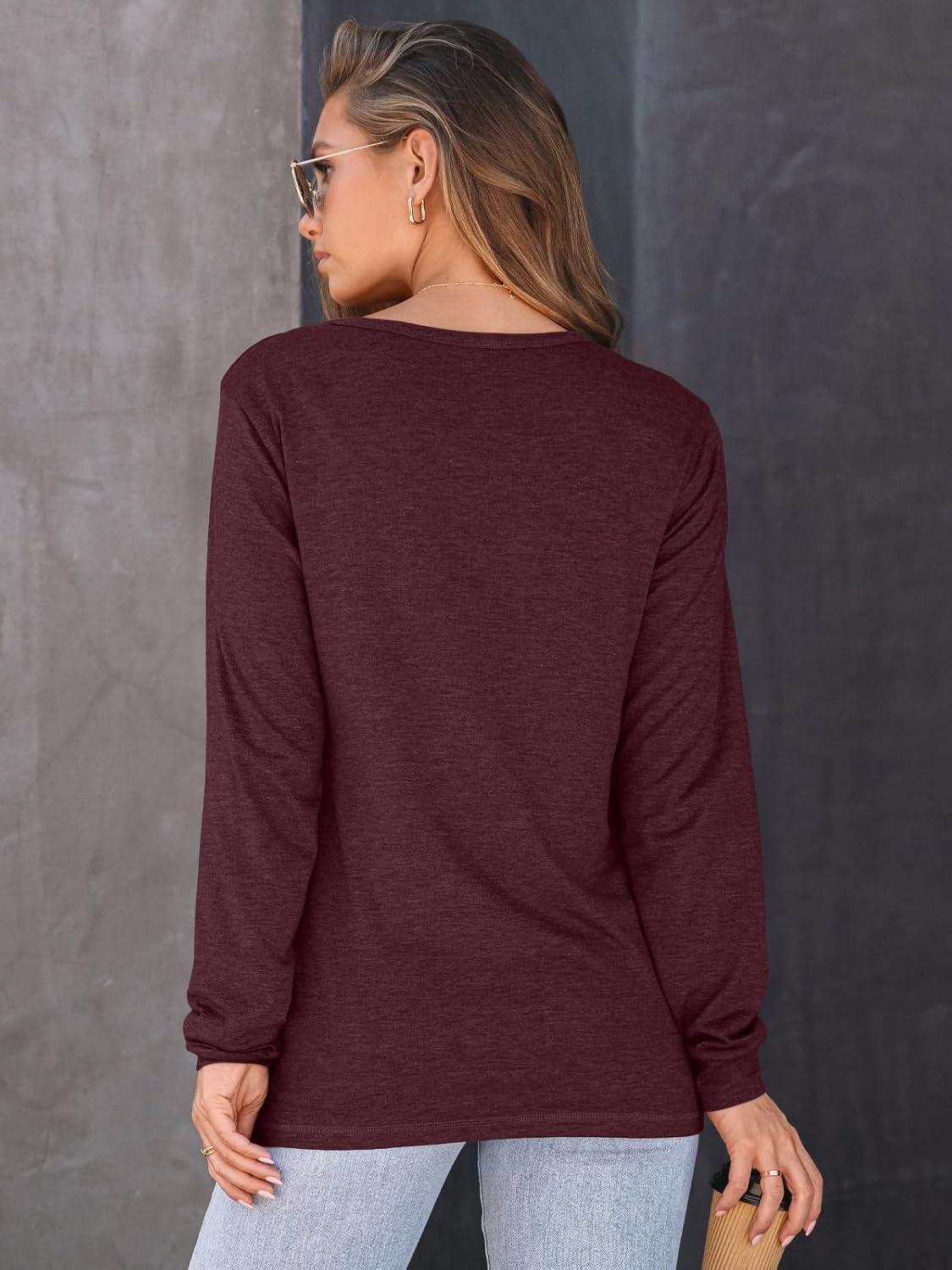 imageAUTOMET Womens Long Sleeve Shirts Fall Solid Color Loose Fit Tunics Tops Oversized Basic Tees Business Casual OutfitsWine Red