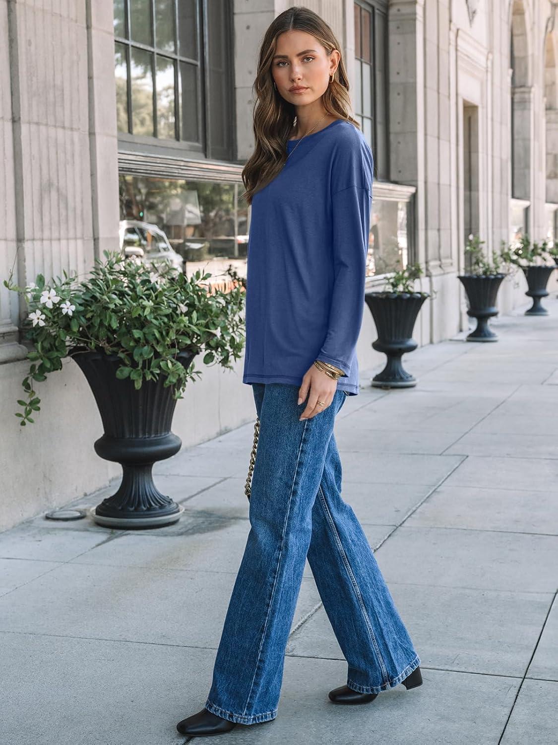 imageAUTOMET Womens Long Sleeve Shirts Loose Fitted Crewneck Basic Tops Casual Outfits Fall Clothes 2025Blue