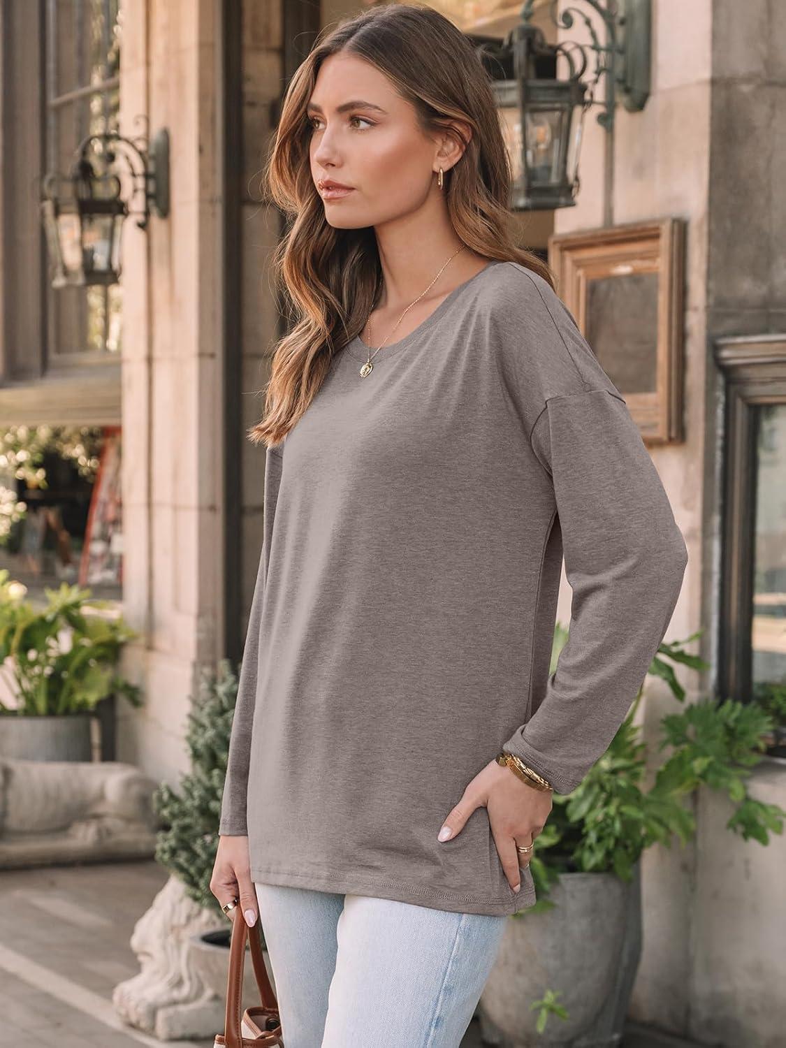 imageAUTOMET Womens Long Sleeve Shirts Loose Fitted Crewneck Basic Tops Casual Outfits Fall Clothes 2025Coffee Grey