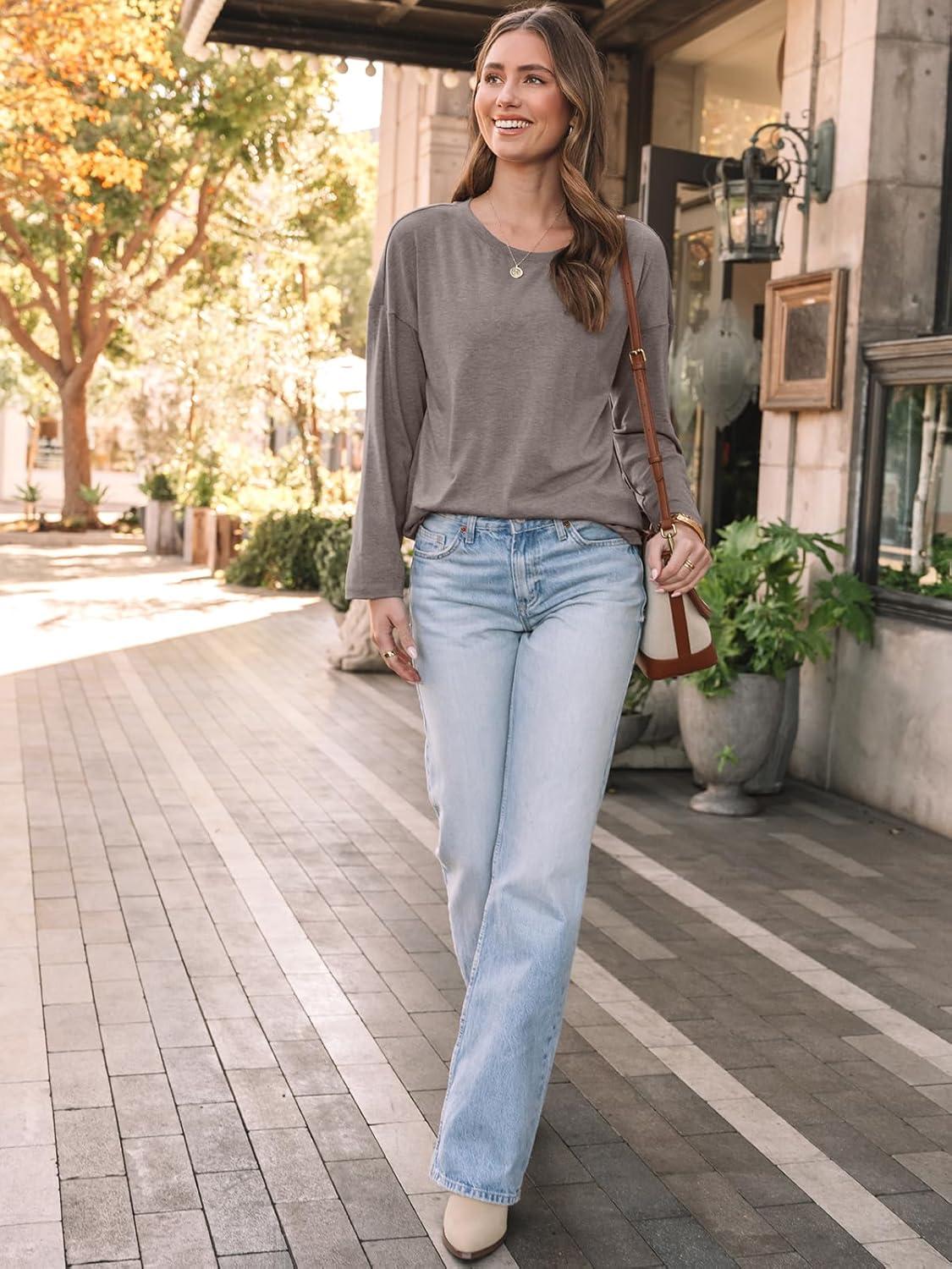 imageAUTOMET Womens Long Sleeve Shirts Loose Fitted Crewneck Basic Tops Casual Outfits Fall Clothes 2025Coffee Grey