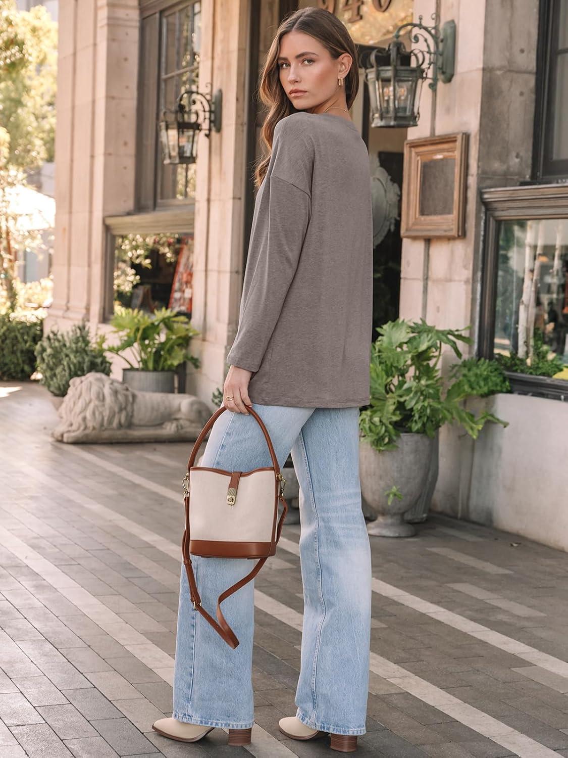 imageAUTOMET Womens Long Sleeve Shirts Loose Fitted Crewneck Basic Tops Casual Outfits Fall Clothes 2025Coffee Grey