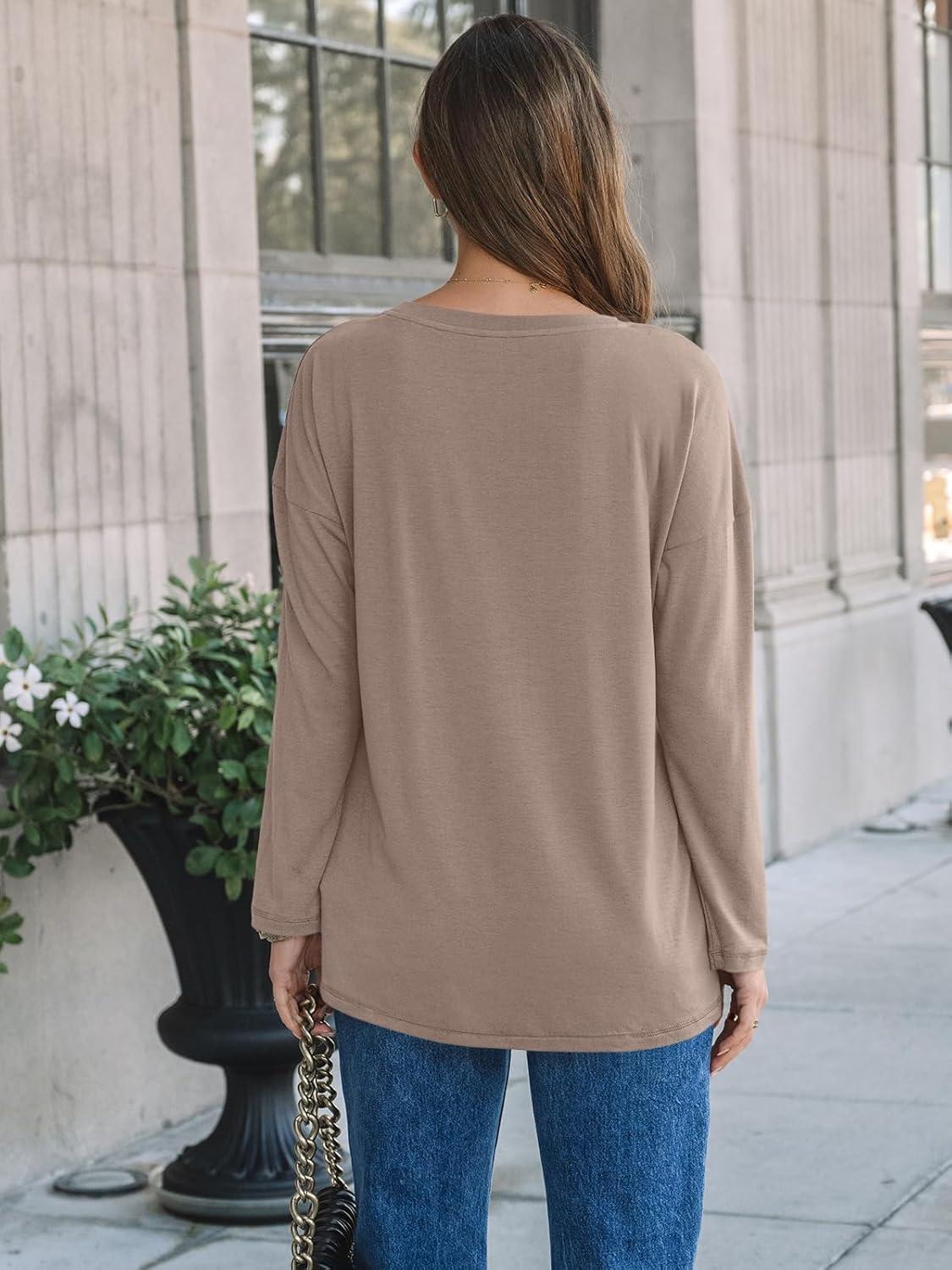 imageAUTOMET Womens Long Sleeve Shirts Loose Fitted Crewneck Basic Tops Casual Outfits Fall Clothes 2025Khaki