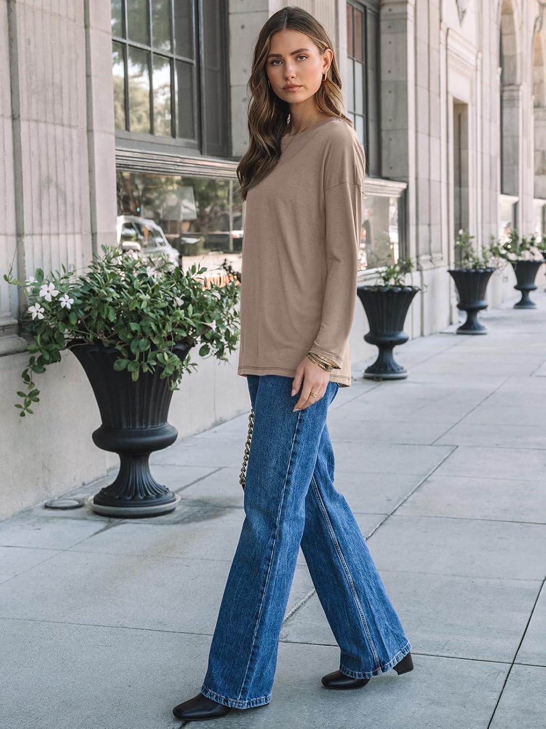 imageAUTOMET Womens Long Sleeve Shirts Loose Fitted Crewneck Basic Tops Casual Outfits Fall Clothes 2025Khaki