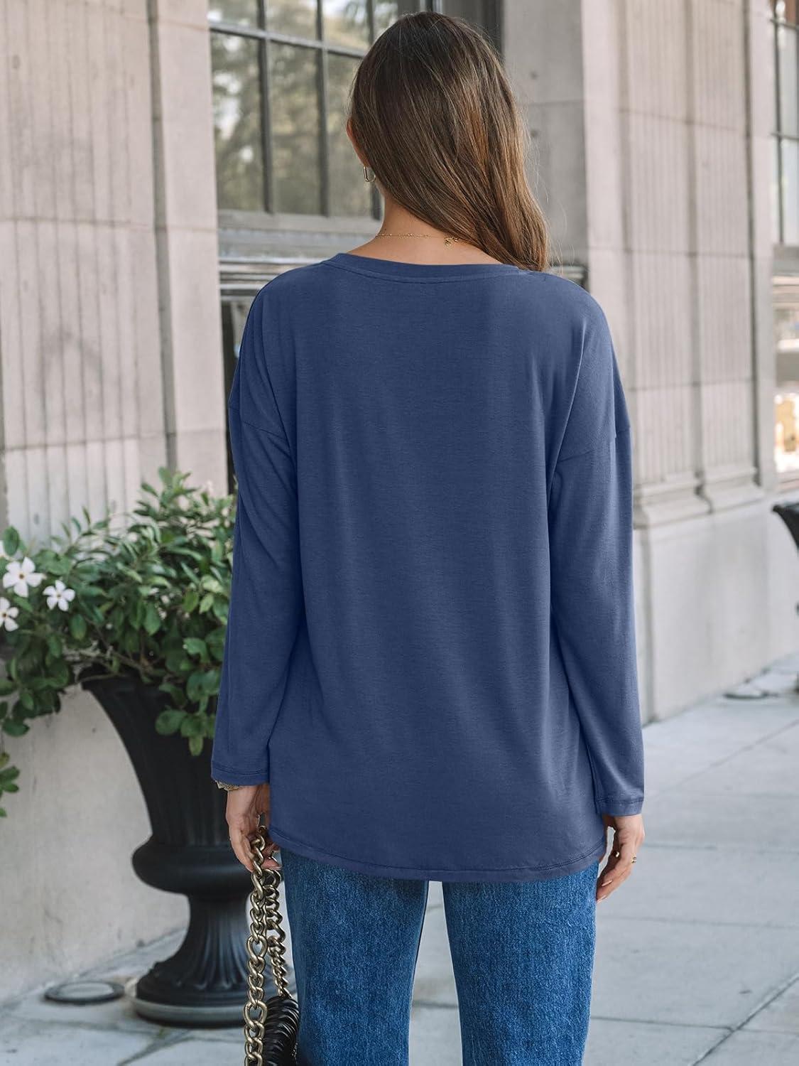 imageAUTOMET Womens Long Sleeve Shirts Loose Fitted Crewneck Basic Tops Casual Outfits Fall Clothes 2025Navy