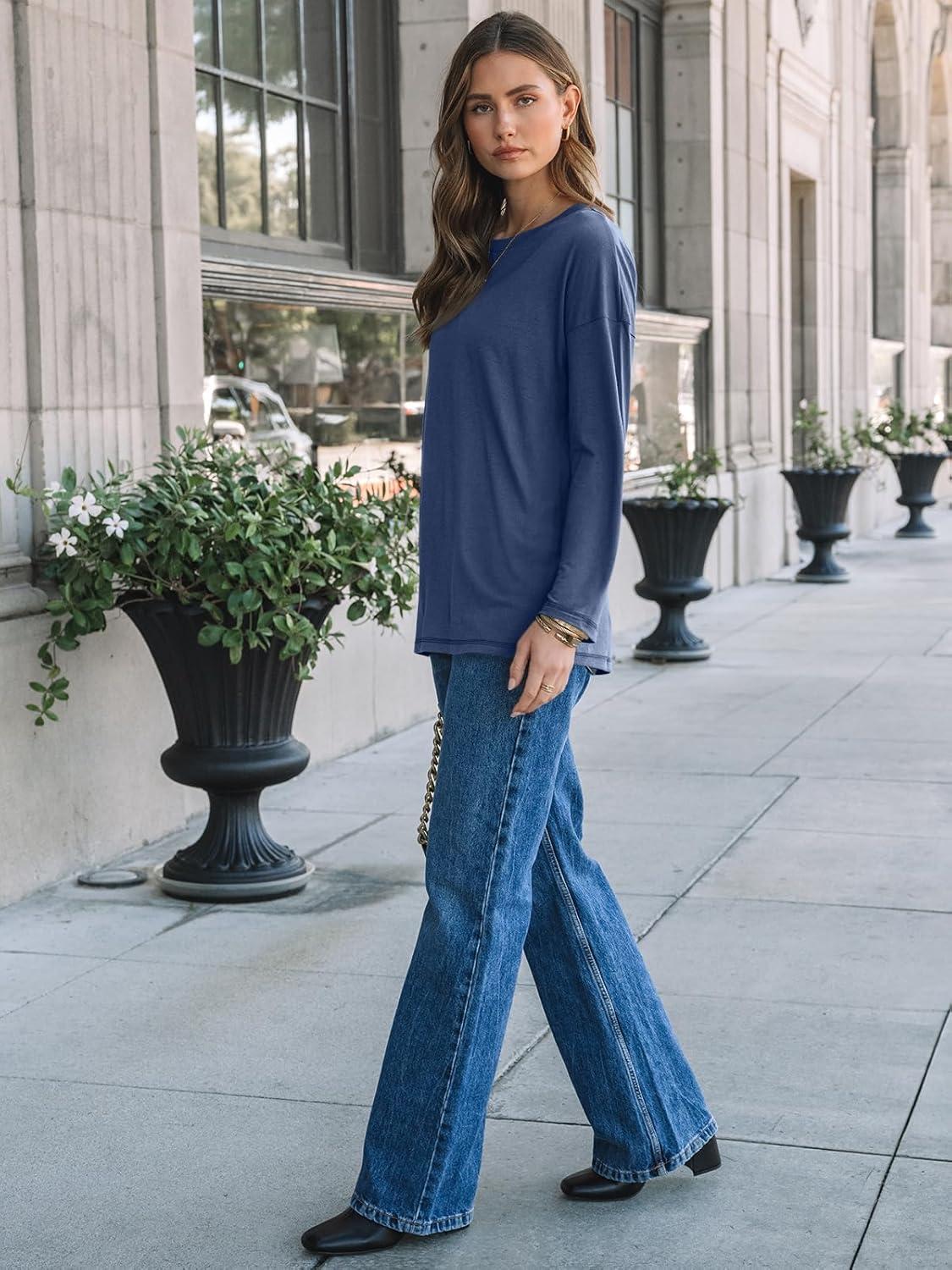 imageAUTOMET Womens Long Sleeve Shirts Loose Fitted Crewneck Basic Tops Casual Outfits Fall Clothes 2025Navy