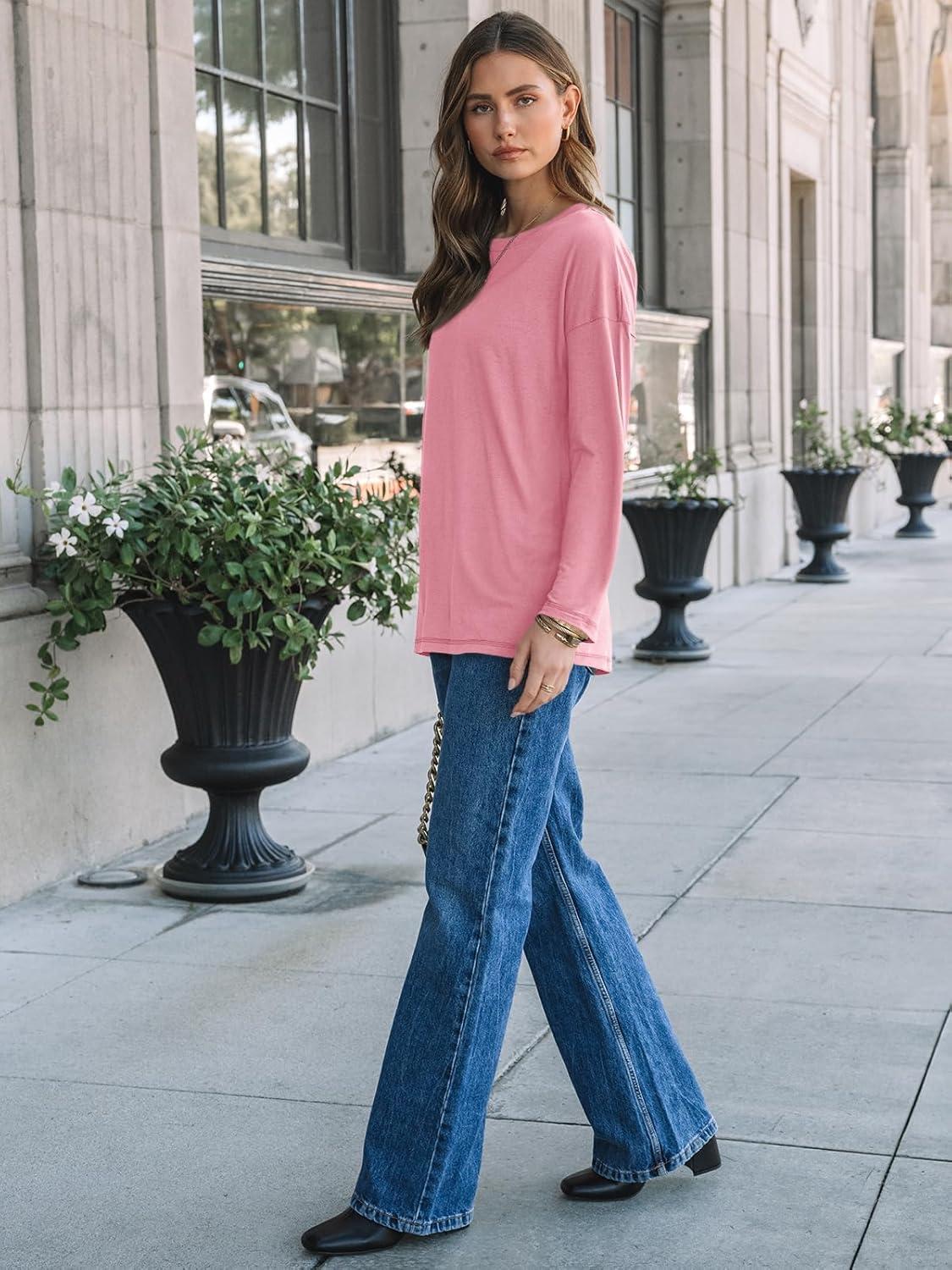 imageAUTOMET Womens Long Sleeve Shirts Loose Fitted Crewneck Basic Tops Casual Outfits Fall Clothes 2025Pink