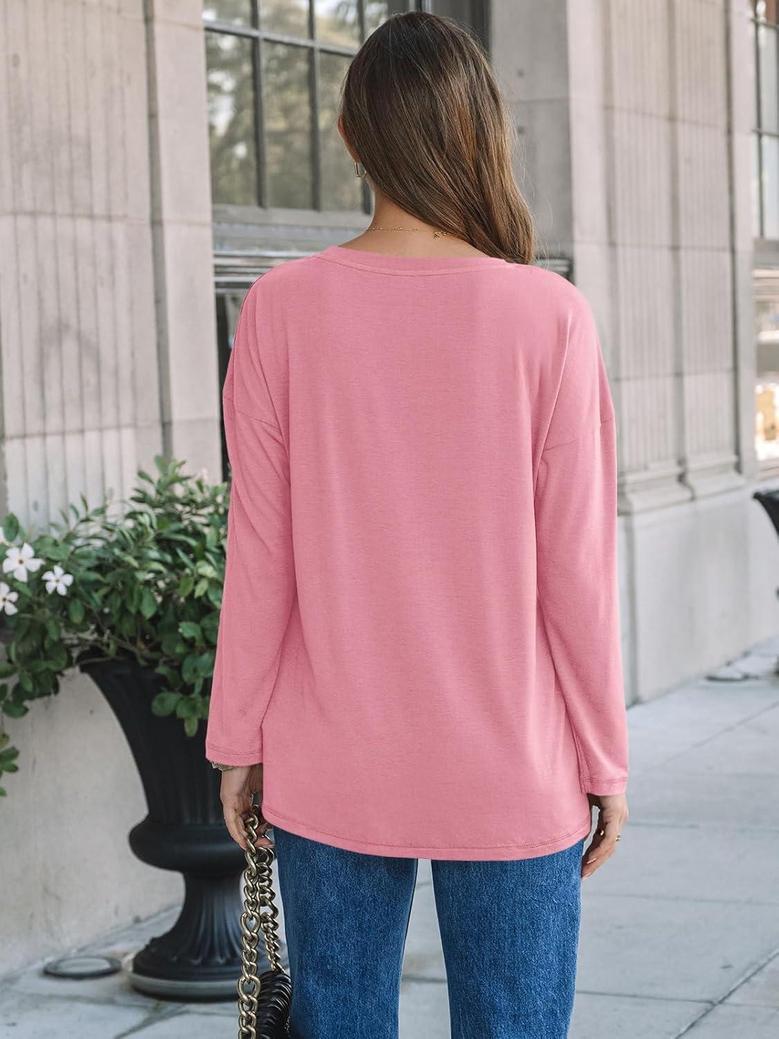 imageAUTOMET Womens Long Sleeve Shirts Loose Fitted Crewneck Basic Tops Casual Outfits Fall Clothes 2025Pink