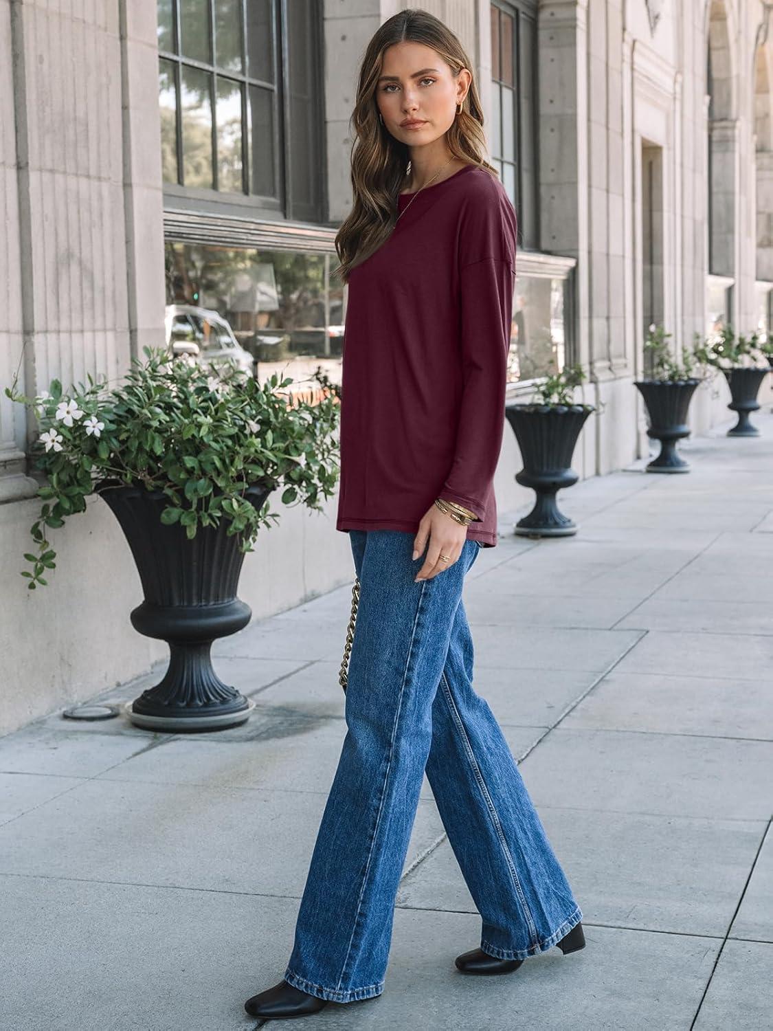 imageAUTOMET Womens Long Sleeve Shirts Loose Fitted Crewneck Basic Tops Casual Outfits Fall Clothes 2025Wine Red