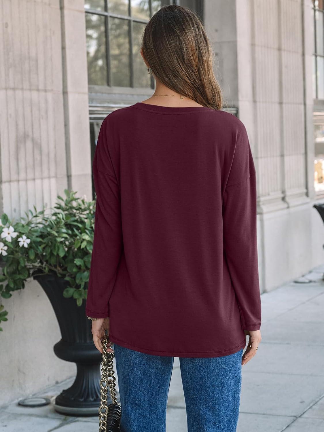 imageAUTOMET Womens Long Sleeve Shirts Loose Fitted Crewneck Basic Tops Casual Outfits Fall Clothes 2025Wine Red
