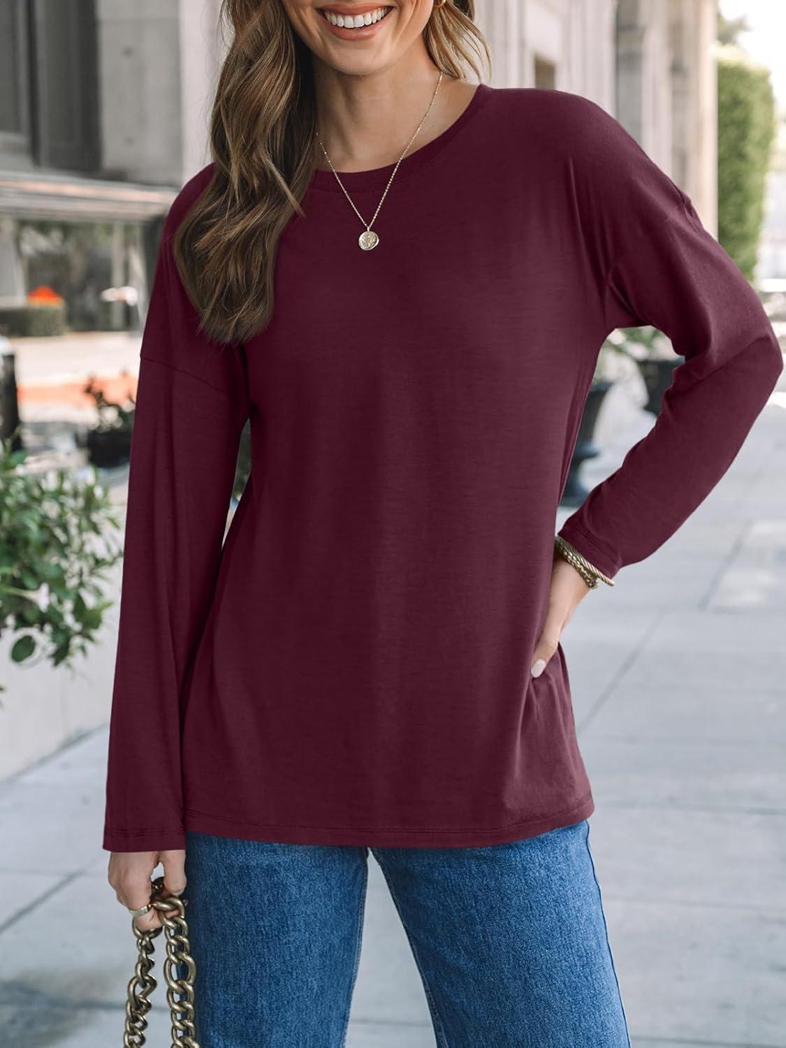 imageAUTOMET Womens Long Sleeve Shirts Loose Fitted Crewneck Basic Tops Casual Outfits Fall Clothes 2025Wine Red