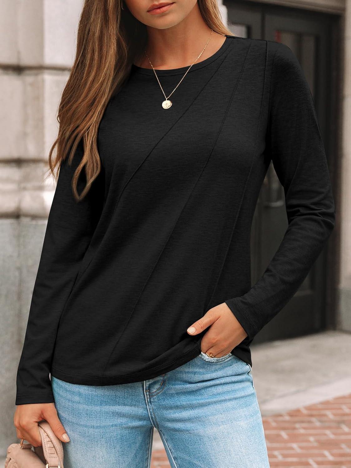 imageAUTOMET Womens Long Sleeve Shirts Pleated Crew Neck Casual Fall Fashion Tops Loose Fit Lightweight Girls Outfits ClothesBlack