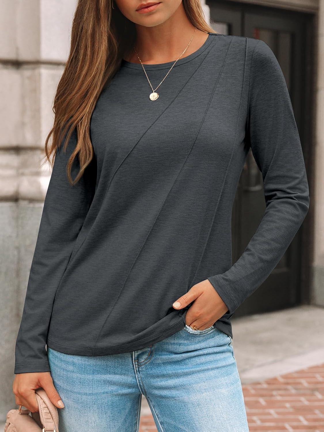 imageAUTOMET Womens Long Sleeve Shirts Pleated Crew Neck Casual Fall Fashion Tops Loose Fit Lightweight Girls Outfits ClothesBlackgrey