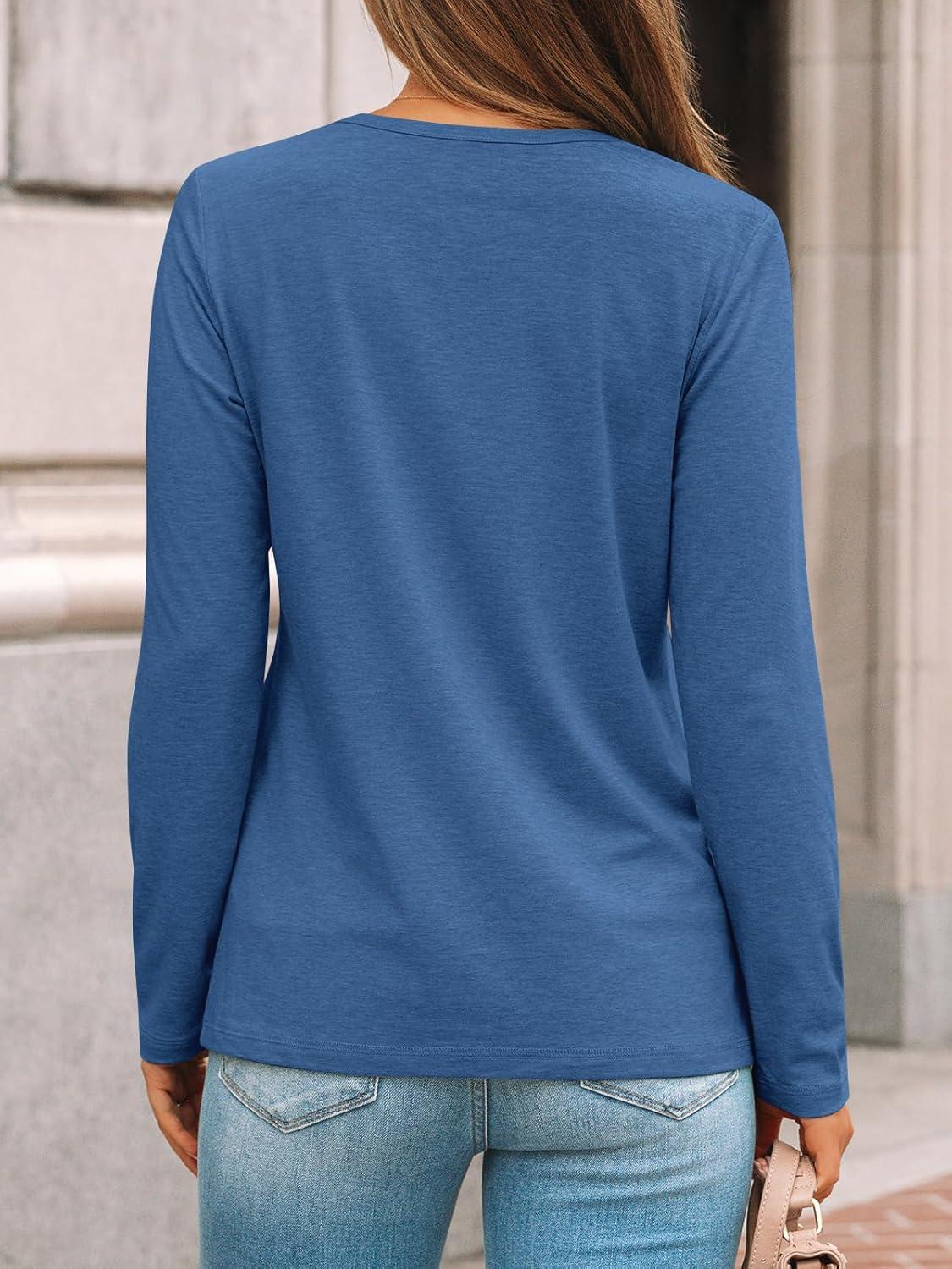 imageAUTOMET Womens Long Sleeve Shirts Pleated Crew Neck Casual Fall Fashion Tops Loose Fit Lightweight Girls Outfits ClothesBlue