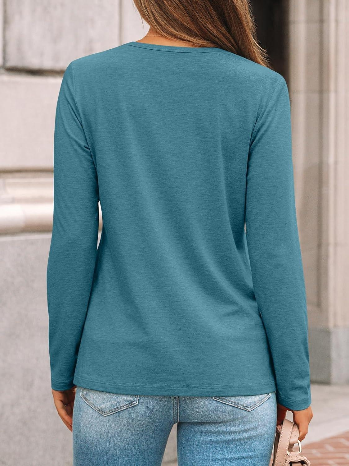 imageAUTOMET Womens Long Sleeve Shirts Pleated Crew Neck Casual Fall Fashion Tops Loose Fit Lightweight Girls Outfits ClothesBluegreen