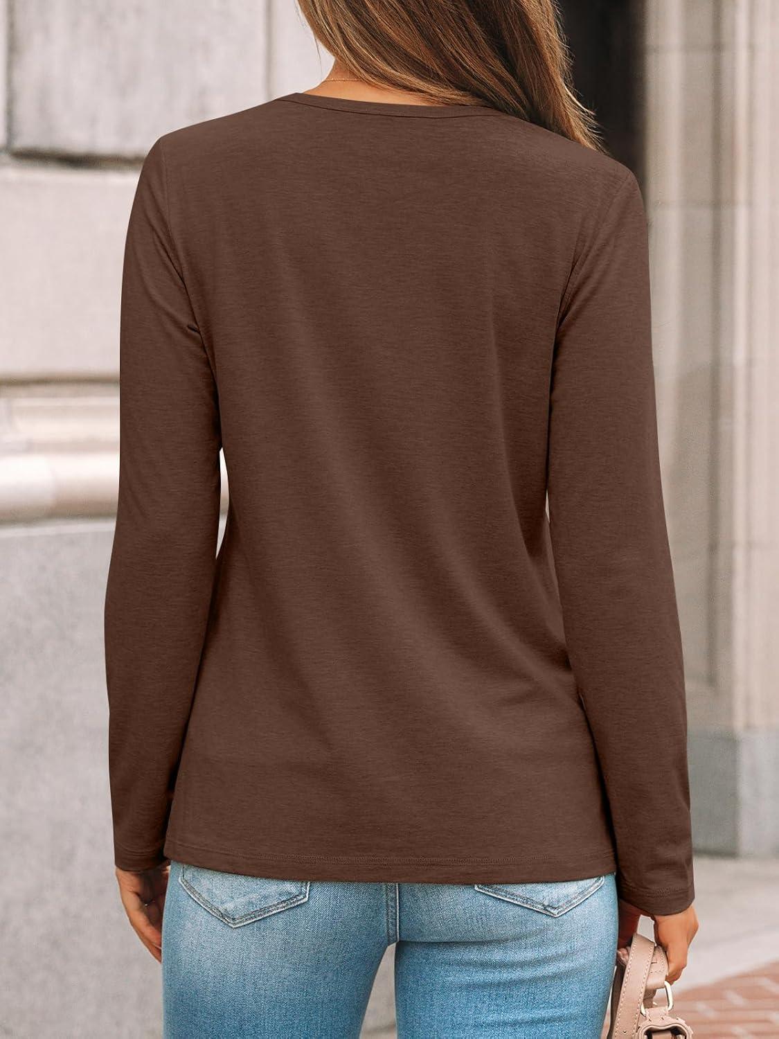 imageAUTOMET Womens Long Sleeve Shirts Pleated Crew Neck Casual Fall Fashion Tops Loose Fit Lightweight Girls Outfits ClothesBrown