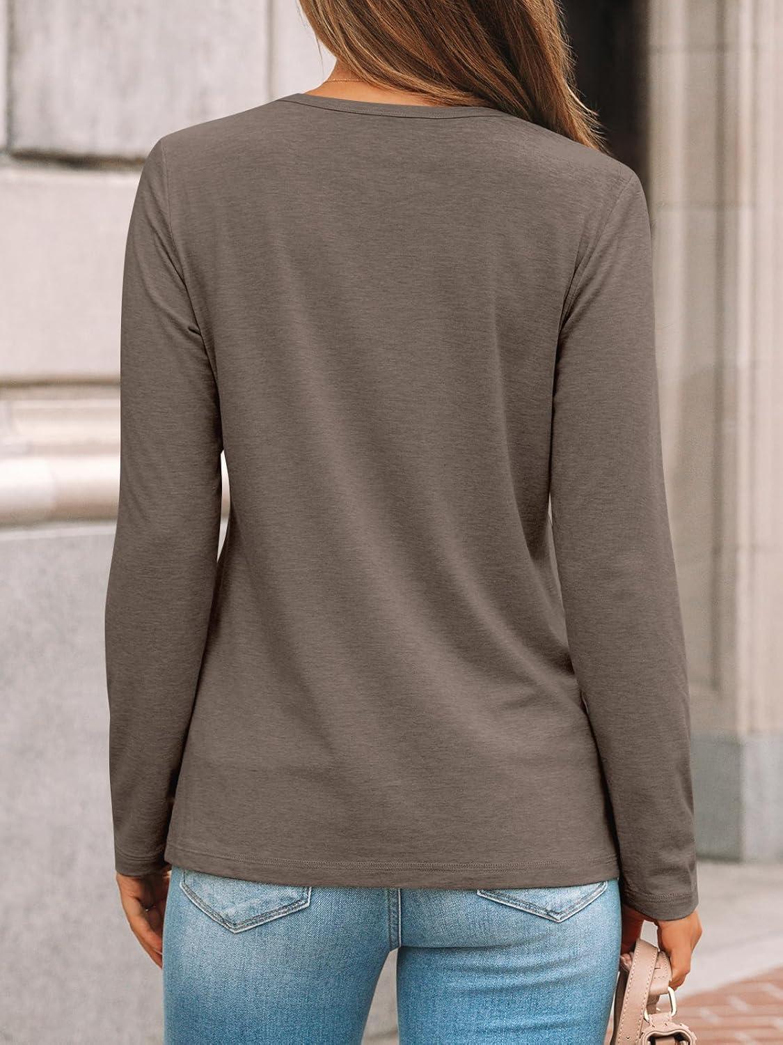 imageAUTOMET Womens Long Sleeve Shirts Pleated Crew Neck Casual Fall Fashion Tops Loose Fit Lightweight Girls Outfits ClothesCoffeegrey