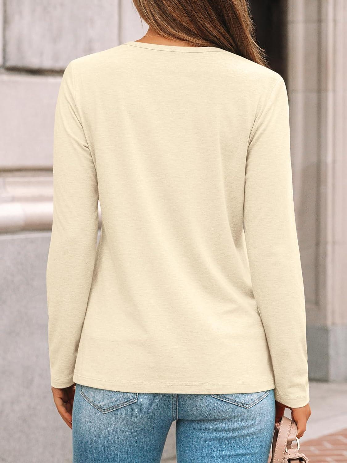 imageAUTOMET Womens Long Sleeve Shirts Pleated Crew Neck Casual Fall Fashion Tops Loose Fit Lightweight Girls Outfits ClothesCream