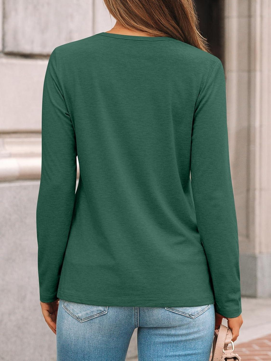 imageAUTOMET Womens Long Sleeve Shirts Pleated Crew Neck Casual Fall Fashion Tops Loose Fit Lightweight Girls Outfits ClothesDarkgreen