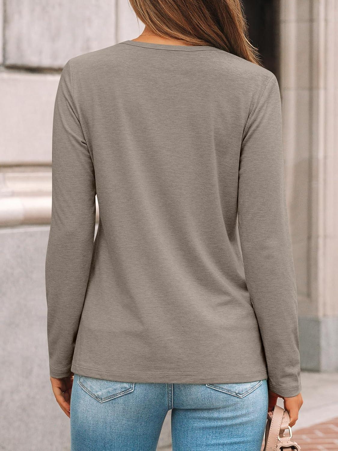 imageAUTOMET Womens Long Sleeve Shirts Pleated Crew Neck Casual Fall Fashion Tops Loose Fit Lightweight Girls Outfits ClothesKhaki