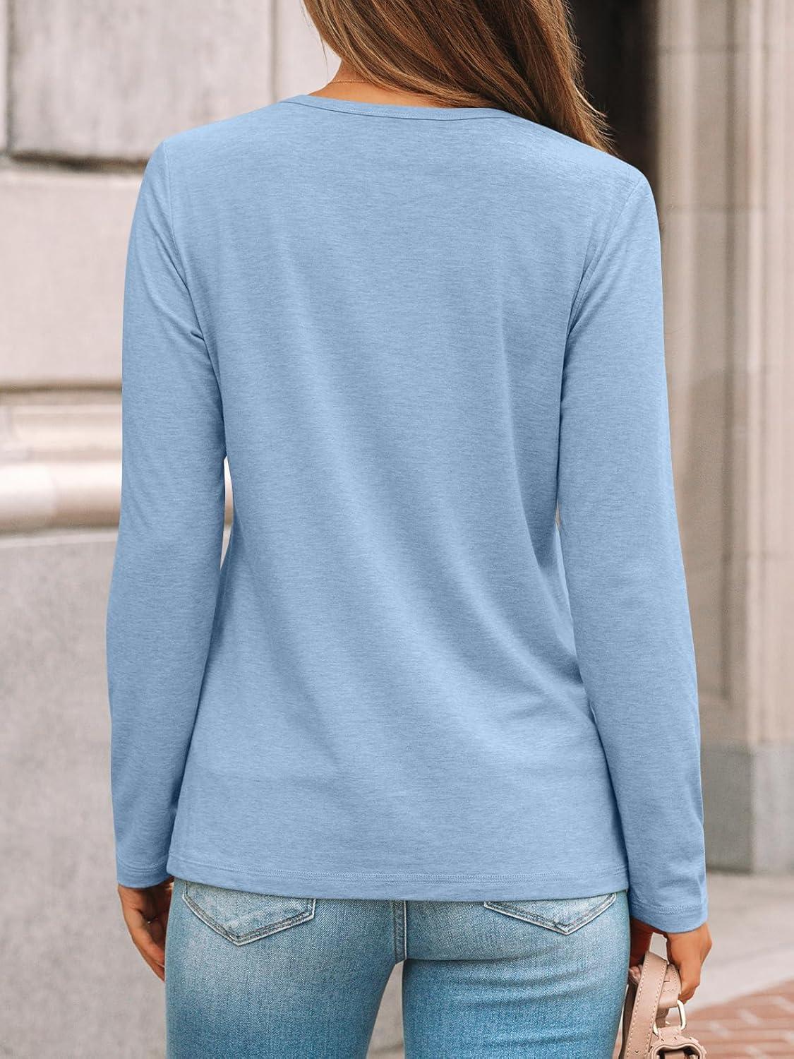 imageAUTOMET Womens Long Sleeve Shirts Pleated Crew Neck Casual Fall Fashion Tops Loose Fit Lightweight Girls Outfits ClothesLightblue