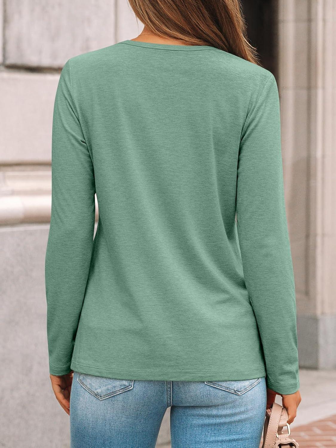 imageAUTOMET Womens Long Sleeve Shirts Pleated Crew Neck Casual Fall Fashion Tops Loose Fit Lightweight Girls Outfits ClothesLightgreen